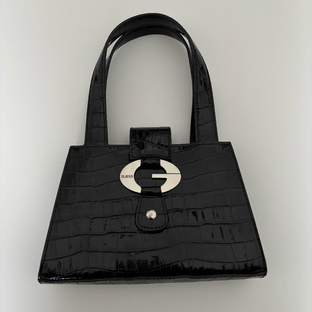Vintage Y2K Guess Mini Bag Black Faux Leather Crocodile Buckle Embossed Purse